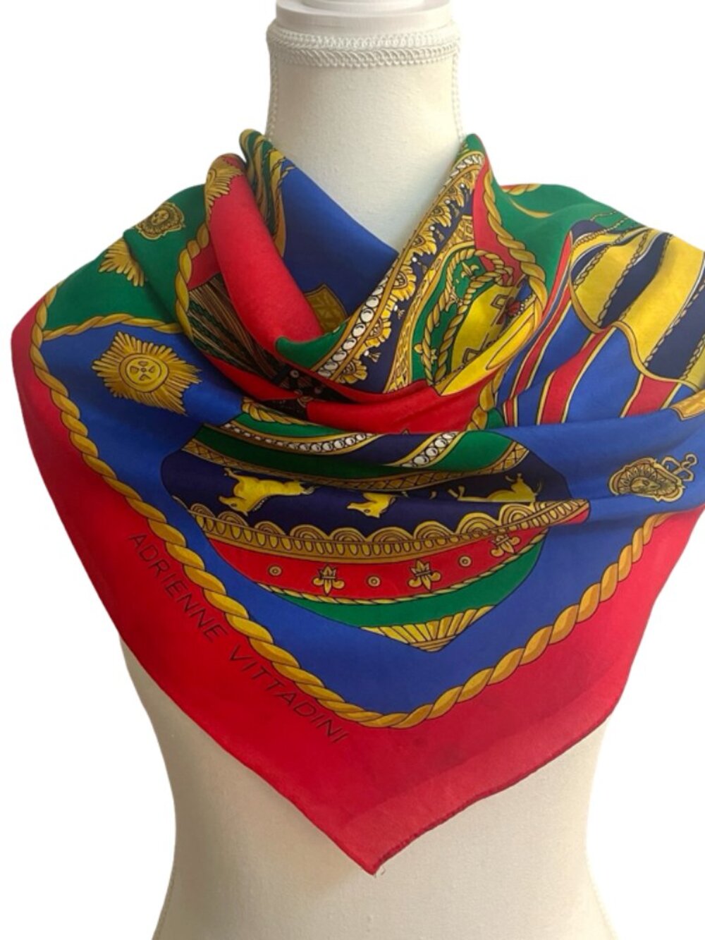 Adrienne Vittadini Vintage Square Scarf 33x33 Ornament Print Red Blue Green